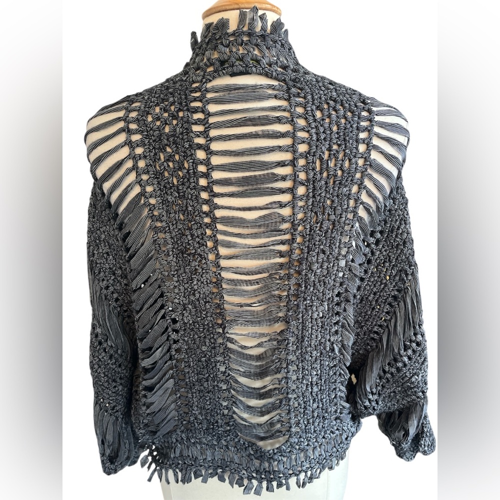 Cartise Black & White stripe Crochet Unique Bohemian Open Cardigan Size Medium - Picture 4 of 15